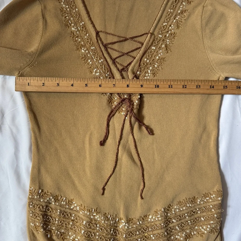 Vintage 90s Y2K Brown Tan Boho Fairy Top with Fringe and Beaded Sequin Details - Picture 10 of 12